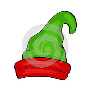 Funny Christmas holiday elf hat wearing for noel sign. Elves fur cap clothes, decoration xmas costume cartoon isolated vector icon