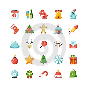 Funny christmas and new year holiday cartoon flat vector icons