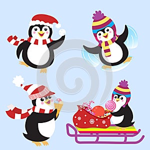 Funny Christmas penguins with winter hats set. Cartoon vector images