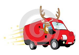 Funny Christmas Reindeer driving a red van and delivering presents