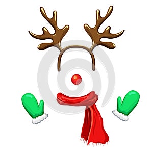 Funny christmas reindeer mask with antlers headband, red nose, scarf and mittens isolated on white background. reindeer