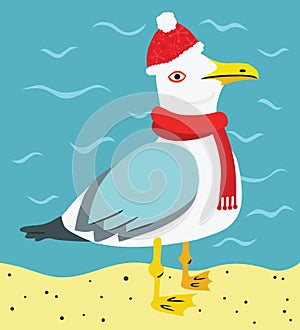 Funny Christmas Seagull on the Beach