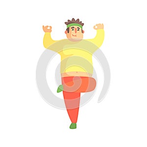 Funny Chubby Man Character Doing Gym Workout In Balance Yoga Posture Illustration