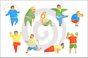 Funny Chubby Man Character Doing Gym Workout Set Of Illustrations