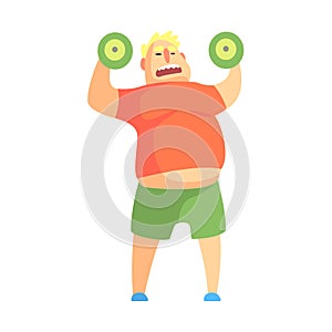 Funny Chubby Man Character Doing Gym Workout Weight Lifting Illustration