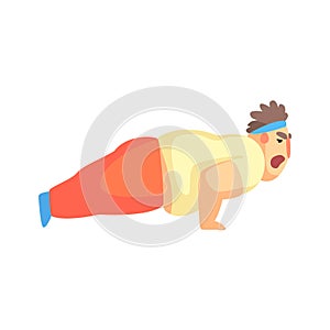 Funny Chubby Man Character Doing Push Ups At Gym Workout Illustration