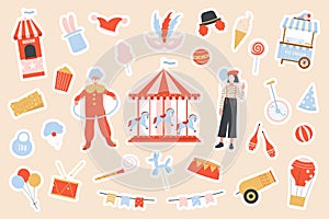 Funny circus and carnaval party stickers set, carousel, clown mime in costumes, balloon