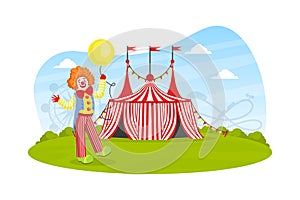 Funny Circus Clown with Balloon, Circus Marquee at Carnival Funfair, Amusement Park Vector Illustration