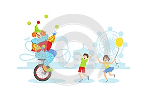 Funny Circus Clown Juggling Balls on Unicycle, Happy Kids Having Fun at Holiday Party Vector Illustration