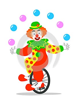 Funny circus clown juggling balls on unicycle