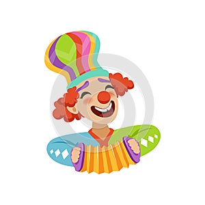 Funny circus clown playing harmonic, avatar of cartoon friendly clown in classic outfit vector Illustration