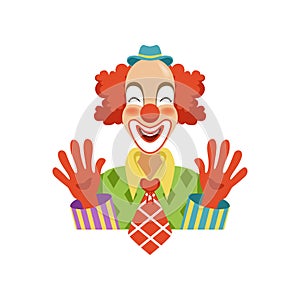 Funny circus clown in traditional makeup showing his hands, cartoon friendly clown in classic outfit vector Illustration