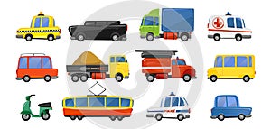 Funny city transport objects in trendy cartoon style. Vector public transport collection. ambulance fire-engine police taxi