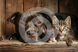 Funny close-up portrait of a dog, cat and rat.