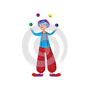 Funny clown in beautiful color clothes. Cute clown fun and entertains the audience