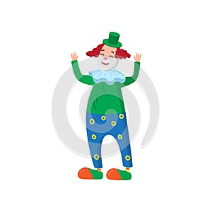 Funny clown in beautiful color clothes. Cute clown fun and entertains the audience