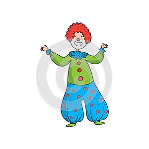 Funny clown in beautiful color clothes. Cute clown fun and entertains the audience