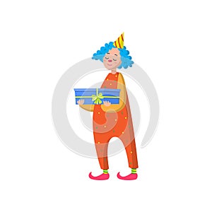 Funny clown in beautiful color clothes. Cute clown fun and entertains the audience