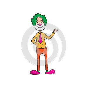 Funny clown in beautiful color clothes. Cute clown fun and entertains the audience