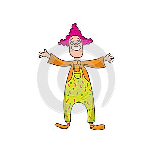 Funny clown in beautiful color clothes. Cute clown fun and entertains the audience