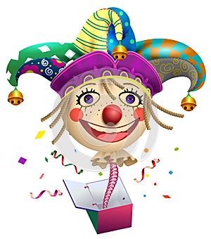 Funny clown buffoon head to jump out of box. Fools Day symbol