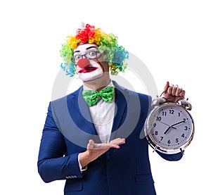 Funny clown businessman with an alarm clock isolated on white ba