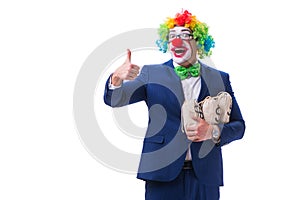 Funny clown businessman with money sacks bags isolated on white