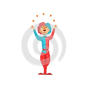 Funny clown cartoon character juggling with colorful balls, carnival party or circus performance vector Illustration on