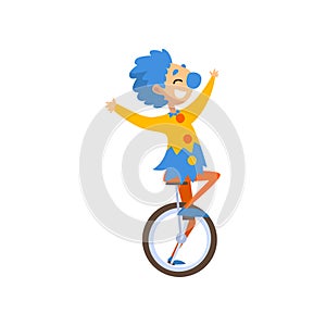 Funny clown cartoon character riding unicycle, birthday, carnival party or circus performance vector Illustration on a