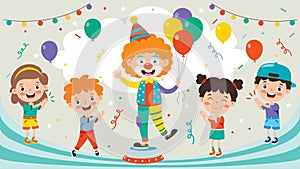 Funny Clown And Happy Children Playing