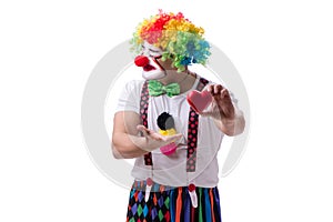 The funny clown with a heart isolated on white background