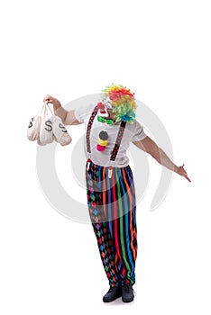 The funny clown with money bags sacks isolated on white background