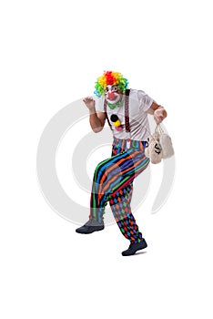 The funny clown with money bags sacks isolated on white background