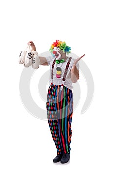 The funny clown with money bags sacks isolated on white background