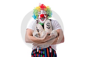 The funny clown with money sacks bags isolated on white background