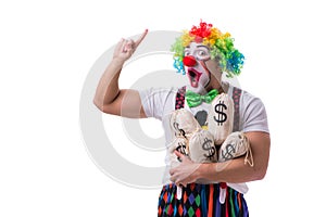 The funny clown with money sacks bags isolated on white background