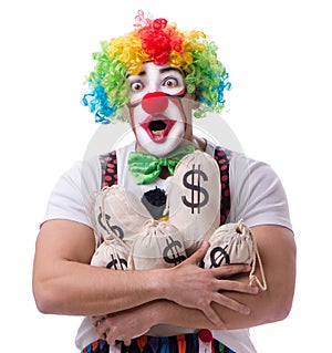 Funny clown with money sacks bags isolated on white background