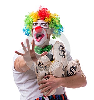 Funny clown with money sacks bags isolated on white background
