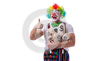 The funny clown with money sacks bags isolated on white background