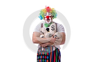 The funny clown with money sacks bags isolated on white background