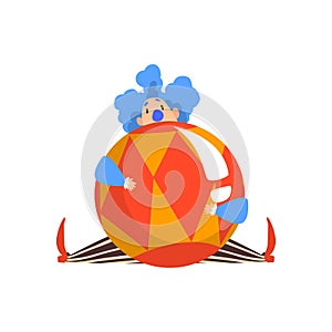 Funny Clown Sitting with Big Ball, Actor Performing in Circus Show Cartoon Vector Illustration