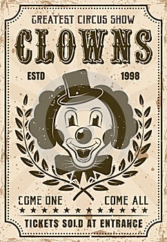 Funny clown vector retro poster for circus show