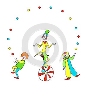 Funny clowns juggling. Color cartoon vector drawing image.