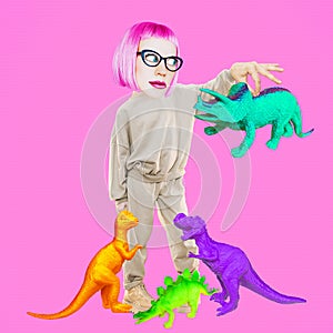 Funny collage scene.   Comic Girl character .and dinosaurs. Fears,  phobias,weirdness, emotions. Psychology of Personality concept