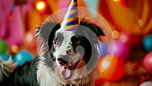 Funny Collie Dog celebrating party birthday or carnival wearing party hat. Party animal concept. Border collie at party