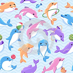 Funny color dolphins seamless pattern. Cartoon marine animals, toys and show accessories, trained underwater mammals
