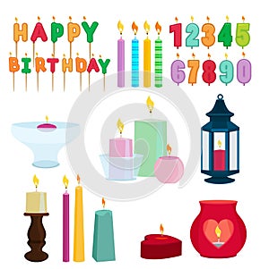 Funny colored candles for birthday party. Cartoon vector set