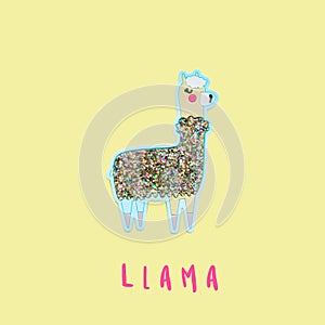 Funny colored llama with sparkles on a yellow background.