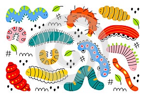 Funny colorful cartoon caterpillars insects, cute crawling bug characters isolated set on white