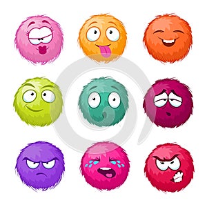 Funny colorful cartoon fluffy ball vector fuzzy characters set. Monsters with different emotion